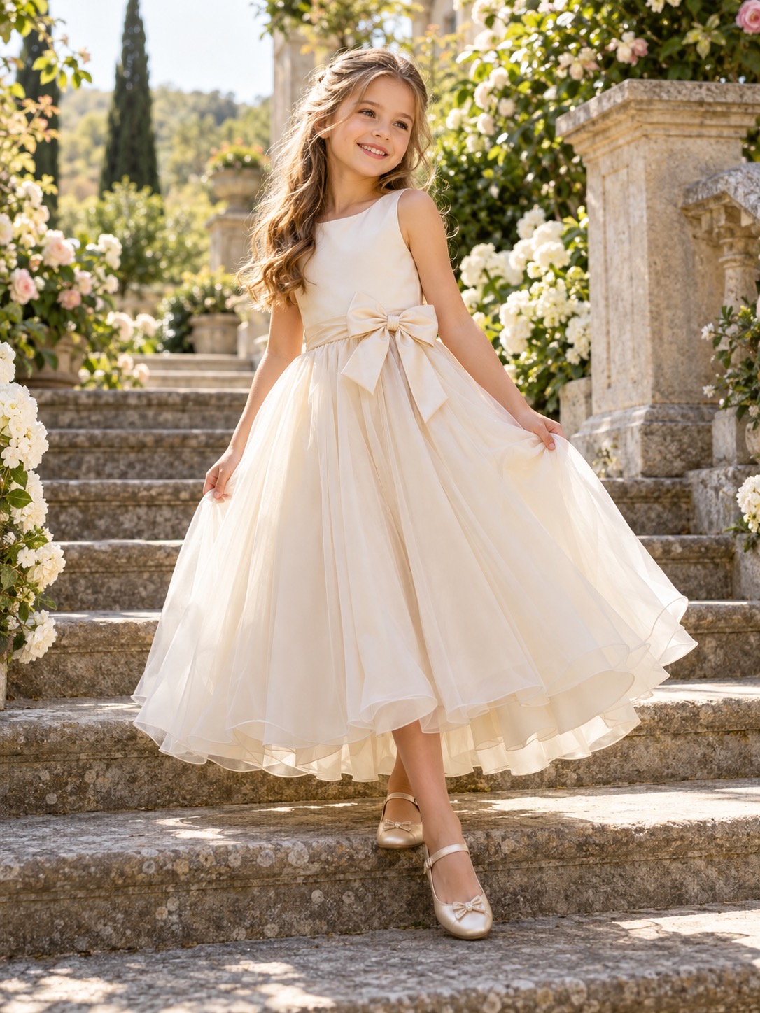 Children’s champagne occasion dress in a garden