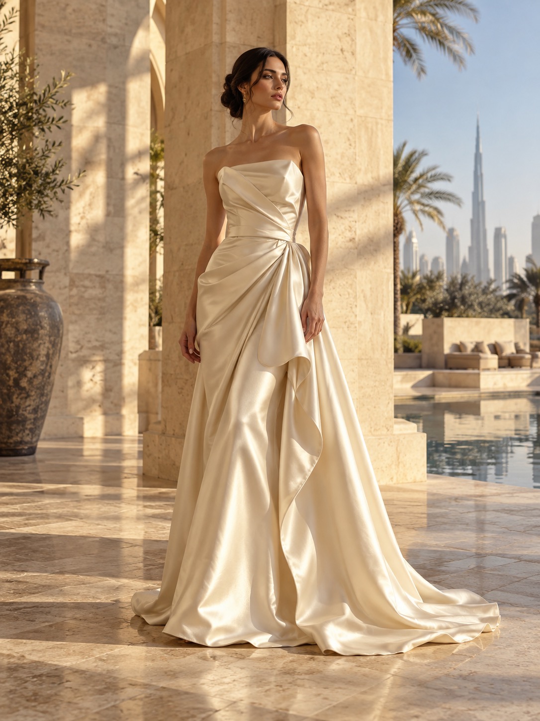 Ivory occasion gown in golden afternoon light